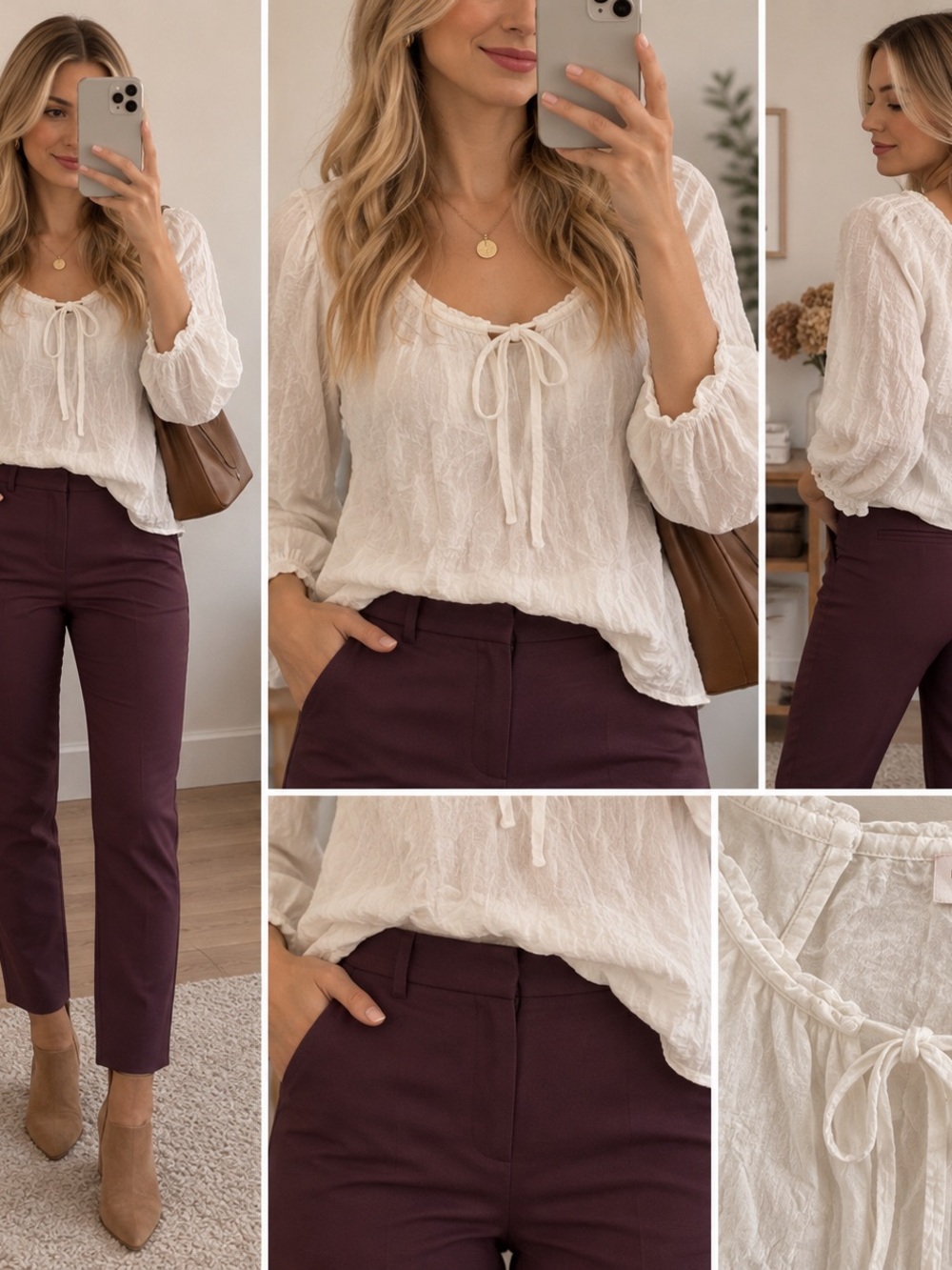 LC Lauren Conrad White Tie-Neck Peasant Blouse